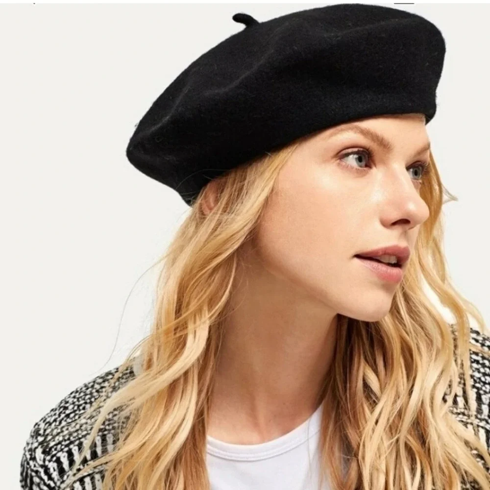 Women's Wool Knit black French beret hat minimalist Classic Preppy Fall Winter